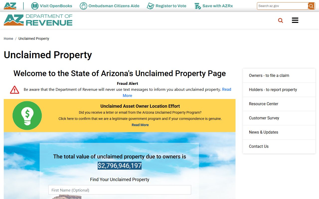 Arizona Department of Revenue unclaimed property page