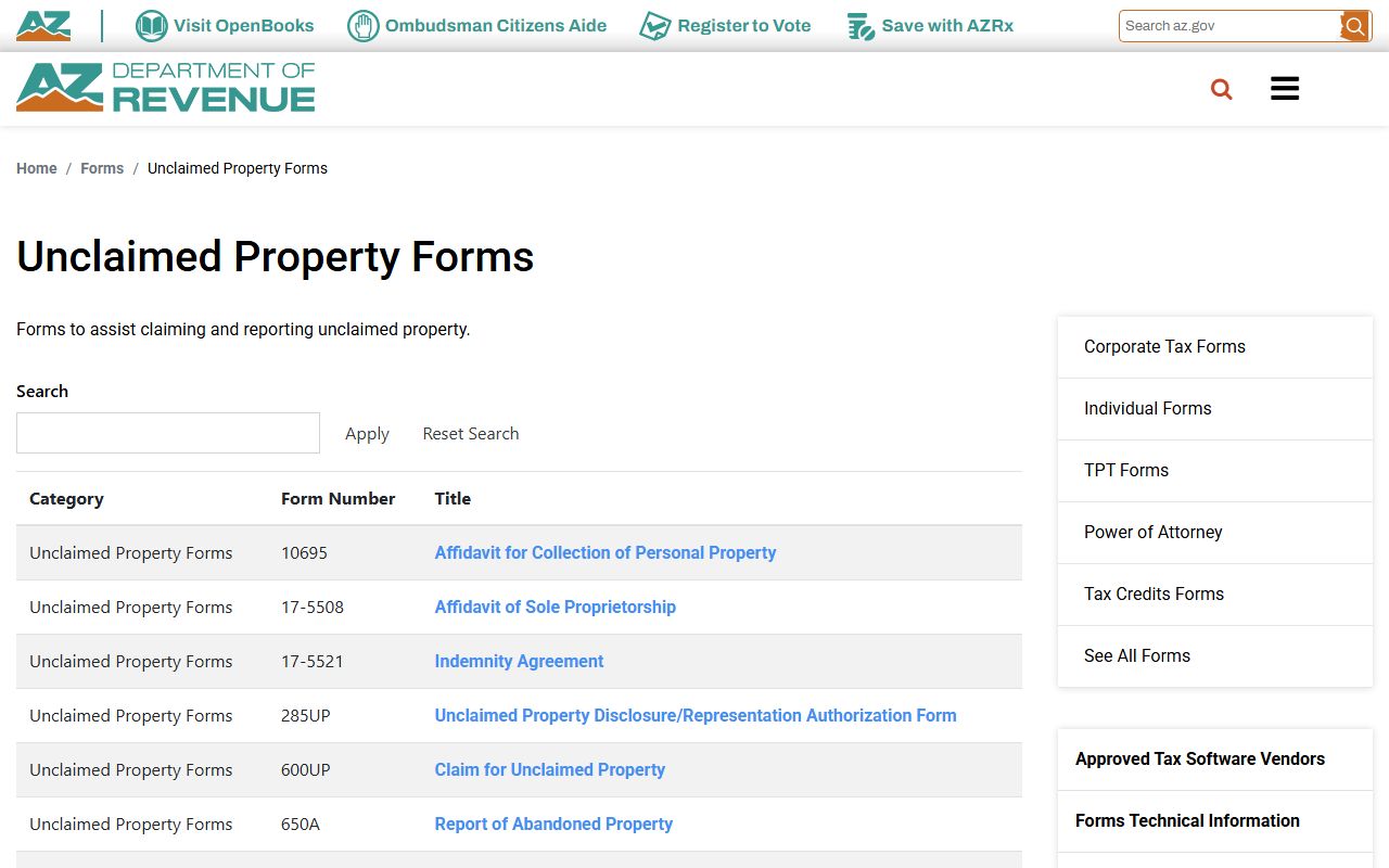 Arizona unclaimed property claim forms page